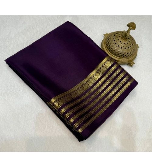 Generic Women's Crepe Chit Pallu Solid Saree With Unstitched Blouse 5.5Mtr (Dark Purple)