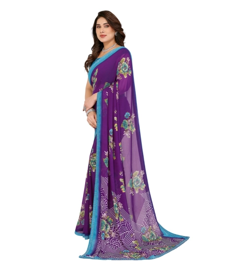 Generic Women's Georgette Printed Saree With Unstitched Blouse 5.5Mtr (Purple)