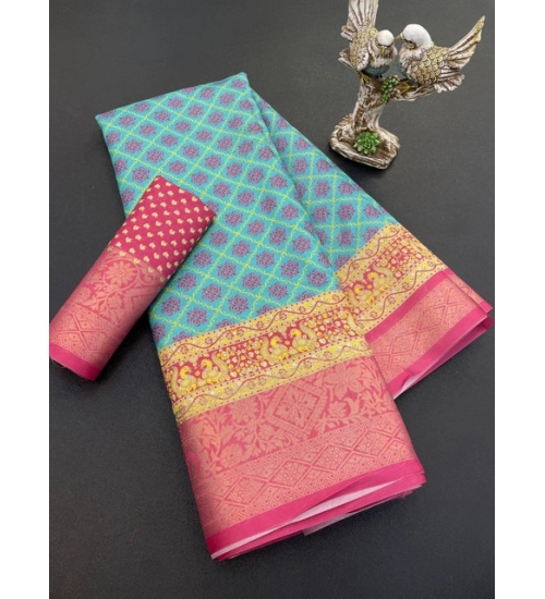 Generic Women's Soft Dola Cotton Printed Saree With Unstitched Blouse 5.5Mtr (Sky Blue)