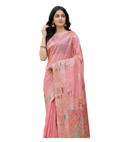 Generic Women's Linen Cotton Printed Saree With Unstitched Blouse 5.5Mtr (Pink)