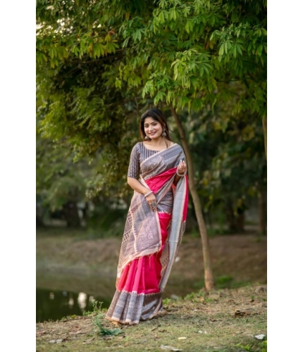 Generic Women's Faux_Tussar Geometric_Print Saree With Unstitched Blouse 5.5Mtr (Pink)