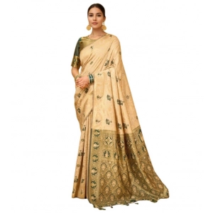 Generic Women's Silk Blend Woven Paithani Saree With Unstitched Blouse 5.5Mtr (Cream)