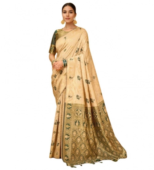 Generic Women's Silk Blend Woven Paithani Saree With Unstitched Blouse 5.5Mtr (Cream)