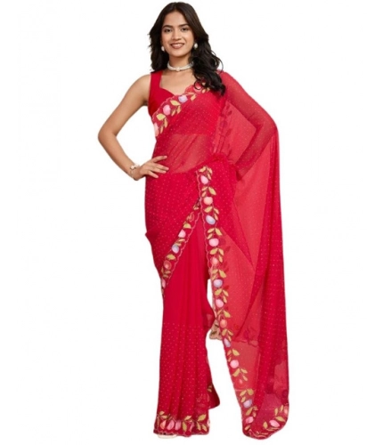 Generic Women's Georgette Printed Saree With Unstitched Blouse 5.5Mtr (Red)