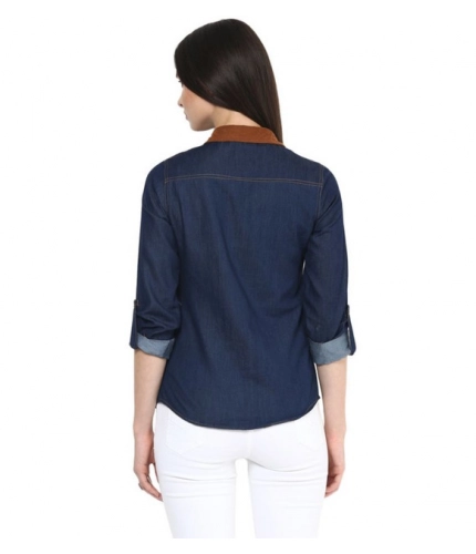 Generic Women's Denim Cotton based Solid Long Sleeves Shirt (Blue)