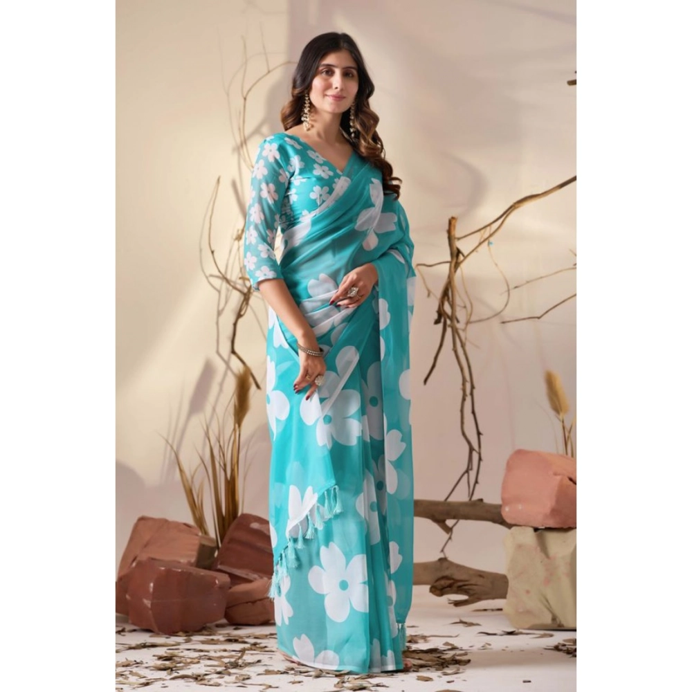 Generic Women's Georgette Printed Saree With Unstitched Blouse 5.5Mtr (Aqua_Blue)