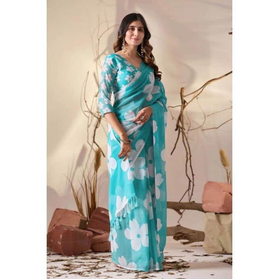 Generic Women's Georgette Printed Saree With Unstitched Blouse 5.5Mtr (Aqua_Blue)