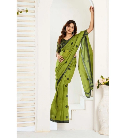 Generic Women's Linen Cotton Printed Ready To Wear Saree With Unstitched Blouse 5.5 Mtr (Green)