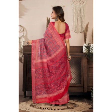 Generic Women's Linen Cotton Printed Ready To Wear Saree With Unstitched Blouse 5.5 Mtr (Red)