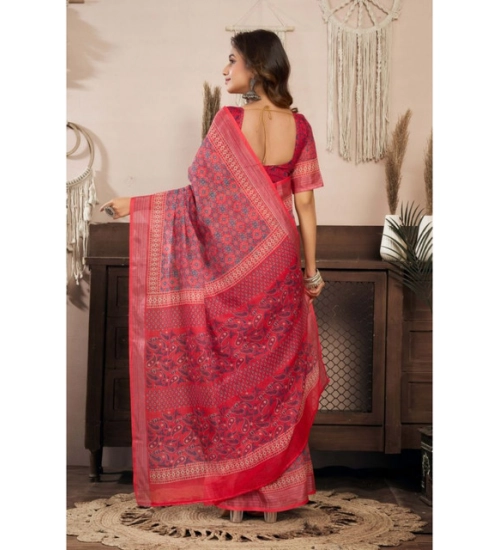 Generic Women's Linen Cotton Printed Ready To Wear Saree With Unstitched Blouse 5.5 Mtr (Red) Generic Women's Linen Cotton Printed Ready To Wear Saree With Unstitched Blouse 5.5 Mtr (Red)