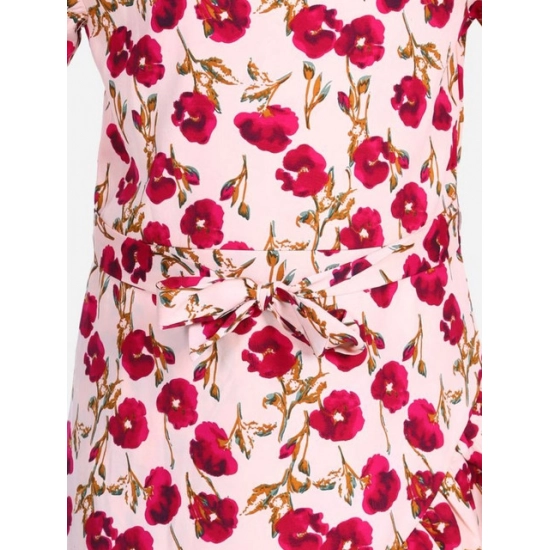 Generic Girl's Polyester Crepe Floral Bell Sleeve Dress (Red-Pink)