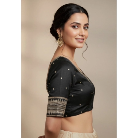 Generic Women's Vichitra Silk V Neck Padded Blouse (Black, 38 Ready Size (Self-Alterable 36–40)