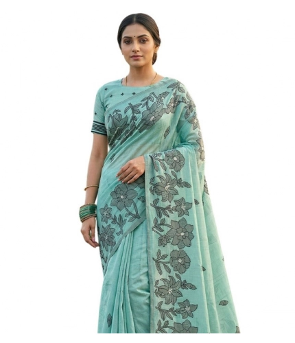Generic Women's Linen Cotton Printed Saree With Unstitched Blouse 5.5Mtr (Sea Green)