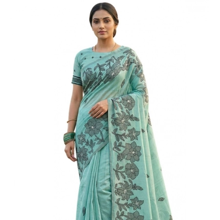 Generic Women's Linen Cotton Printed Saree With Unstitched Blouse 5.5Mtr (Sea Green)