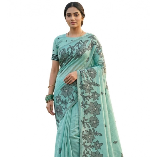 Generic Women's Linen Cotton Printed Saree With Unstitched Blouse 5.5Mtr (Sea Green)