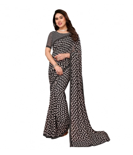 Generic Women's Georgette Printed Saree With Unstitched Blouse 5.5Mtr (Black)