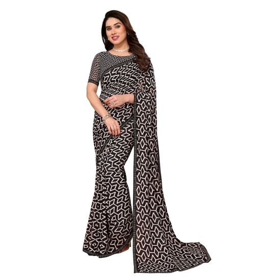 Generic Women's Georgette Printed Saree With Unstitched Blouse 5.5Mtr (Black)