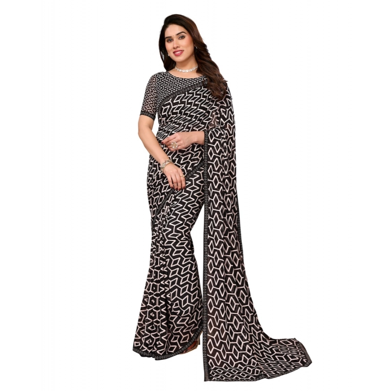 Women's Georgette Printed Saree With Unstitched Blouse 5.5Mtr (Black)