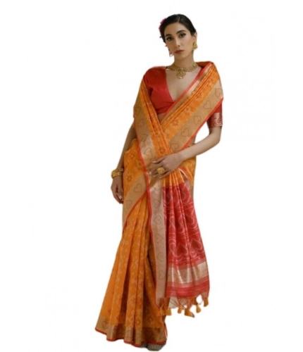Generic Women's Silk_Blend Ethnic Ikat Pattern Saree With Unstitched Blouse 5.5Mtr (Mustard)