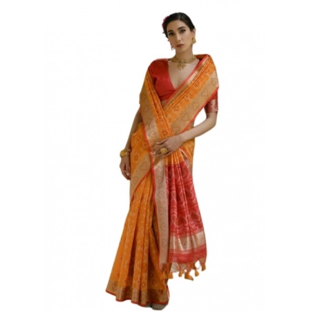Generic Women's Silk_Blend Ethnic Ikat Pattern Saree With Unstitched Blouse 5.5Mtr (Mustard)