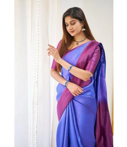 Generic Women's Soft Lichi Silk Printed Saree With Unstitched Blouse 5.5Mtr (Blue)