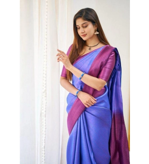 Generic Women's Soft Lichi Silk Printed Saree With Unstitched Blouse 5.5Mtr (Blue)