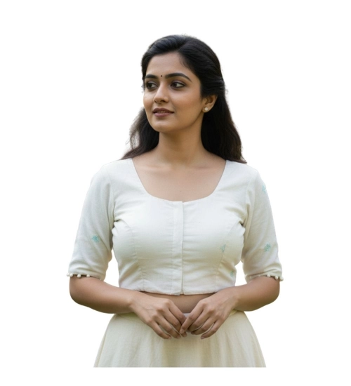 Generic Women's Cambric Cotton Round Neck Padded Blouse (White, 38 Ready Size (Self-Alterable 36–40)