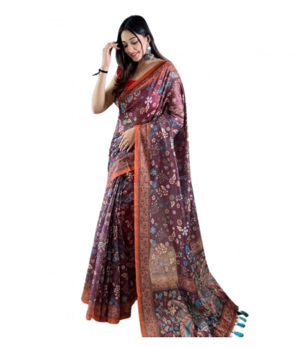 Generic Women's Linen Printed Saree With Unstitched Blouse 5.5Mtr (Brown)