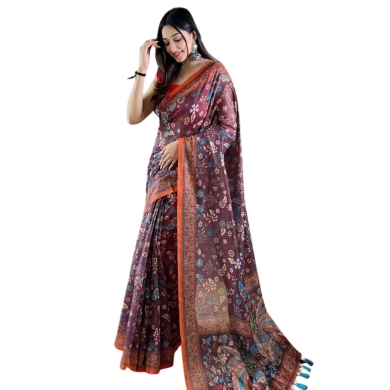 Generic Women's Linen Printed Saree With Unstitched Blouse 5.5Mtr (Brown)