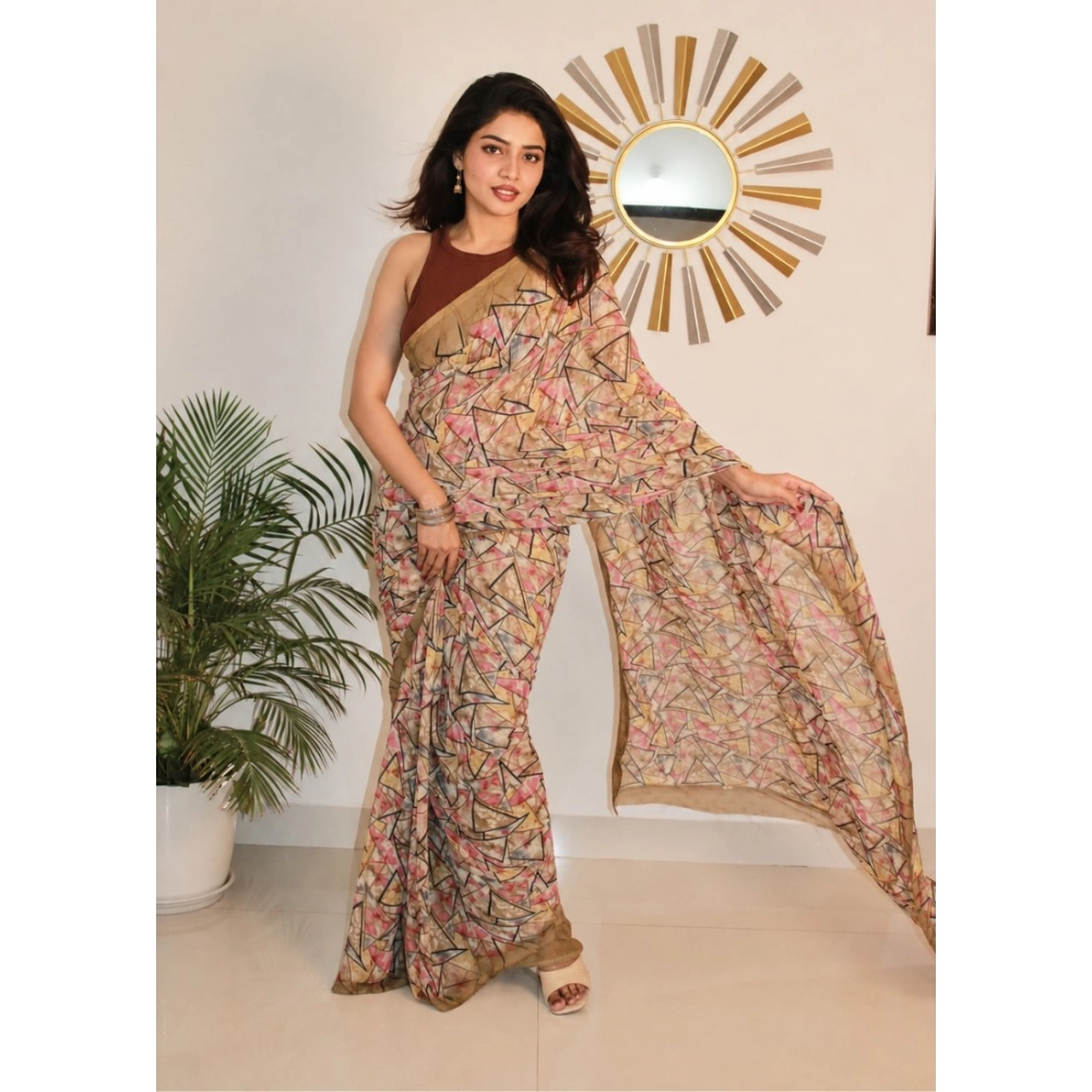 Generic Women's Georgette Printed Saree With Unstitched Blouse 5.5Mtr (Brown)