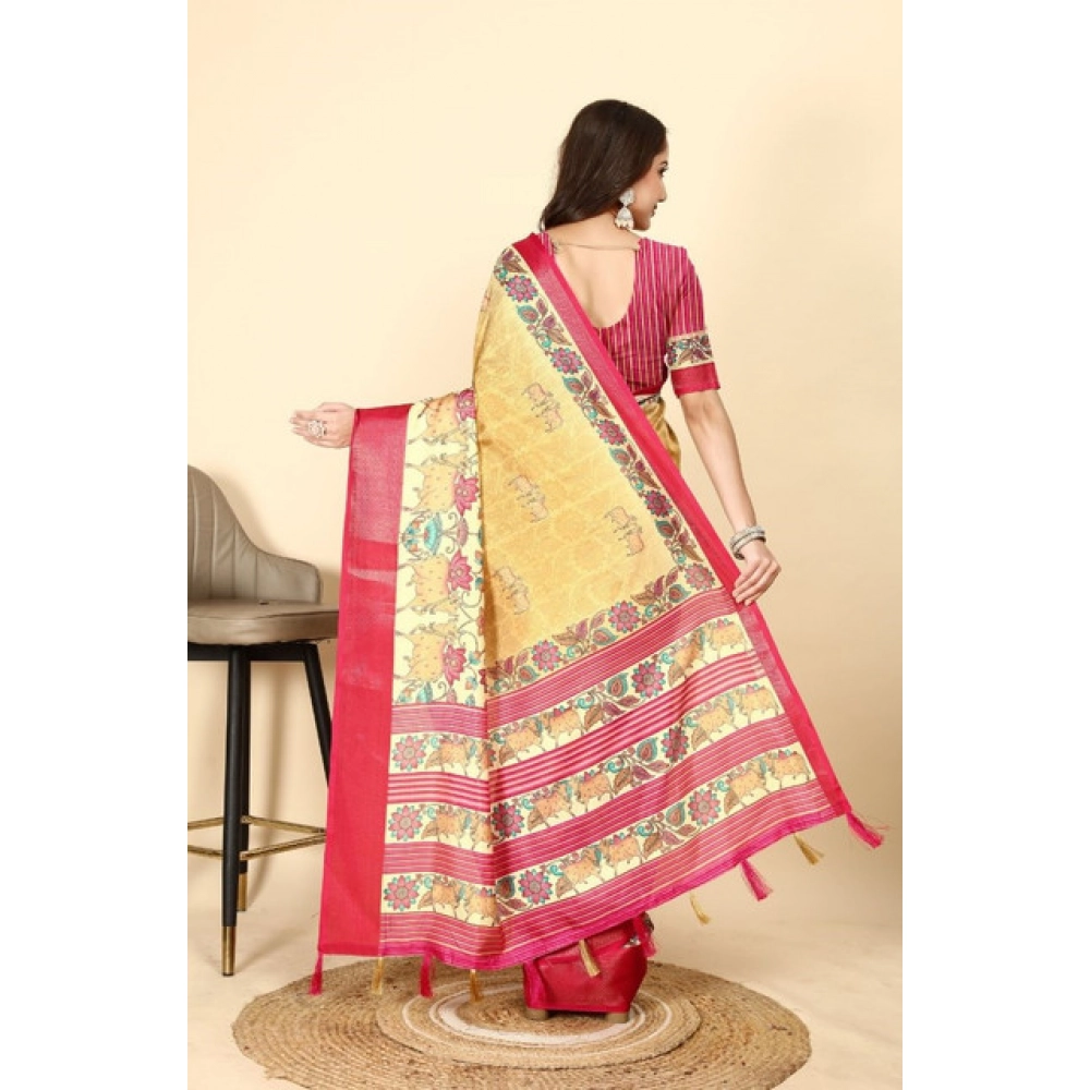 Women's Cotton Silk Printed Saree With Unstitched Blouse 5.5Mtr (Yellow Red)