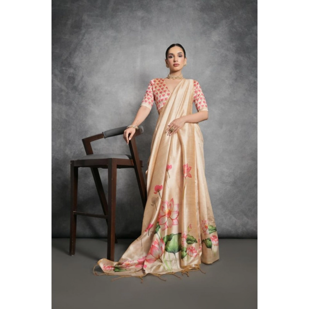 Generic Women's Cotton Printed Saree With Unstitched Blouse 5.5 Mtr (Beige)