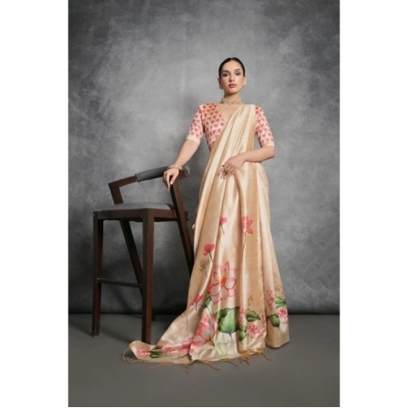 Generic Women's Cotton Printed Saree With Unstitched Blouse 5.5 Mtr (Beige)