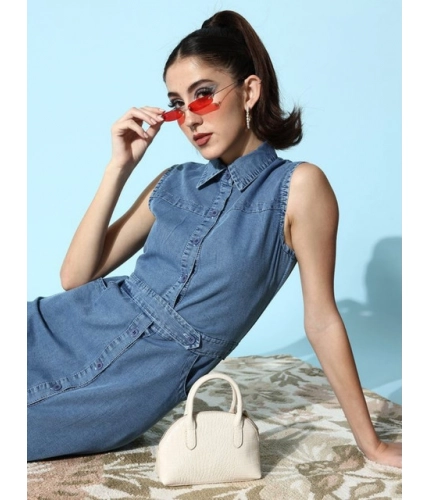 Generic Women's Denim Solid Sleeveless Dress (Blue)
