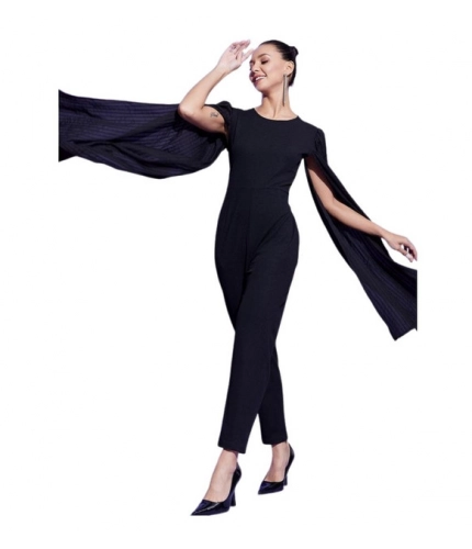 Generic Women's Polyeter Solid Cape Sleeve Jumpsuit (Black)