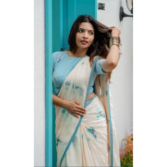 Generic Women's Linen Printed Saree With Unstitched Blouse 5.5Mtr (White)