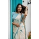 Generic Women's Linen Printed Saree With Unstitched Blouse 5.5Mtr (White)