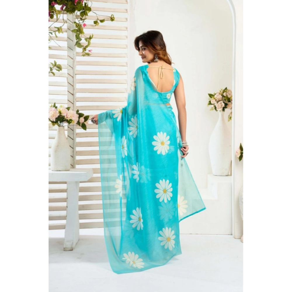 Generic Women's Linen Cotton Printed Ready To Wear Saree With Unstitched Blouse 5.5 Mtr (Aqua_Blue) Generic Women's Linen Cotton Printed Ready To Wear Saree With Unstitched Blouse 5.5 Mtr (Aqua_Blue)