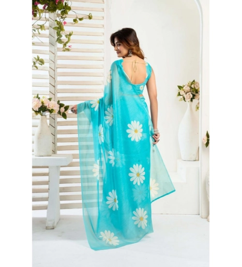 Generic Women's Linen Cotton Printed Ready To Wear Saree With Unstitched Blouse 5.5 Mtr (Aqua_Blue)