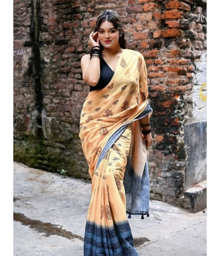 Generic Women's Linen Printed Saree With Unstitched Blouse 5.5Mtr (Peach)