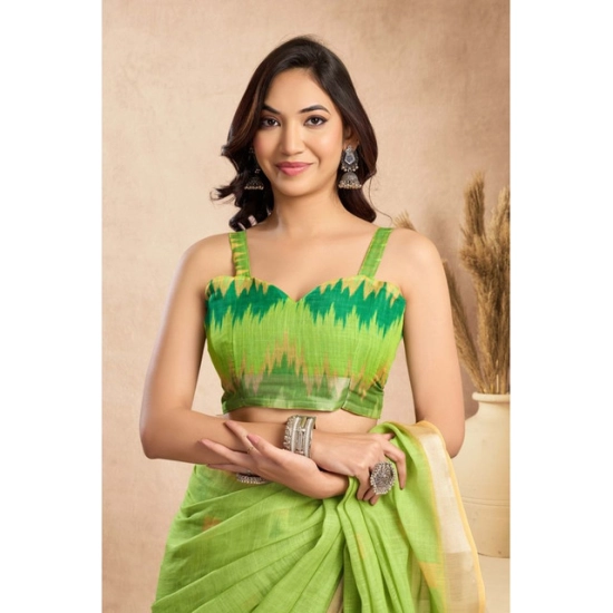 Generic Women's Linen Cotton Printed Ready To Wear Saree With Unstitched Blouse 5.5 Mtr (Lime)
