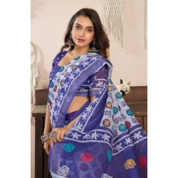 Generic Women's Faux Linen Geometric Print Ready to wear Saree With Unstitched Blouse 5.5Mtr (Blue)