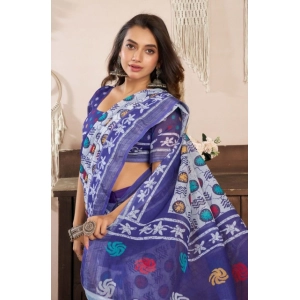 Generic Women's Faux Linen Geometric Print Ready to wear Saree With Unstitched Blouse 5.5Mtr (Blue)