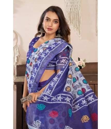 Generic Women's Faux Linen Geometric Print Ready to wear Saree With Unstitched Blouse 5.5Mtr (Blue)