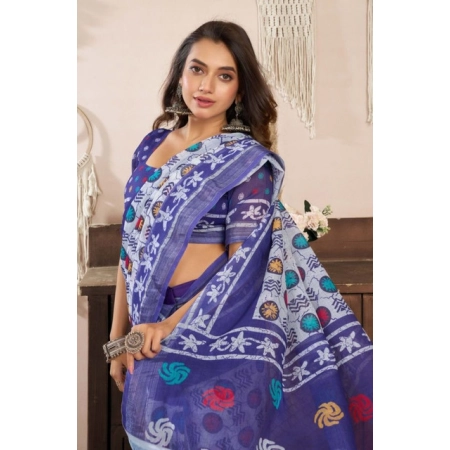 Generic Women's Faux Linen Geometric Print Ready to wear Saree With Unstitched Blouse 5.5Mtr (Blue)