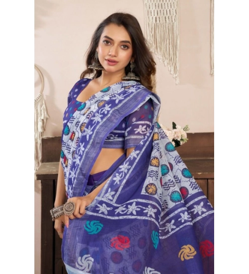Generic Women's Faux Linen Geometric Print Ready to wear Saree With Unstitched Blouse 5.5Mtr (Blue)