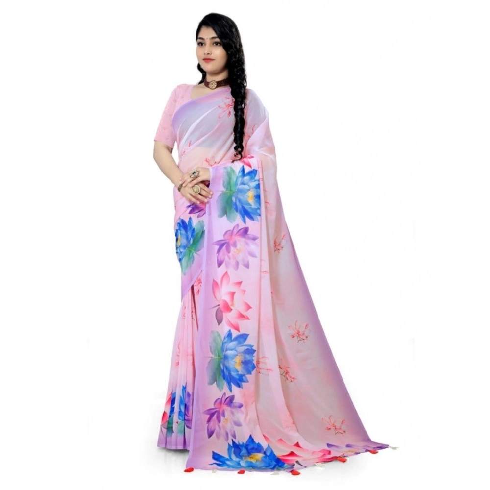 Women's Georgette Floral Printed Saree With Unstitched Blouse 5.5Mtr (Light Pink)