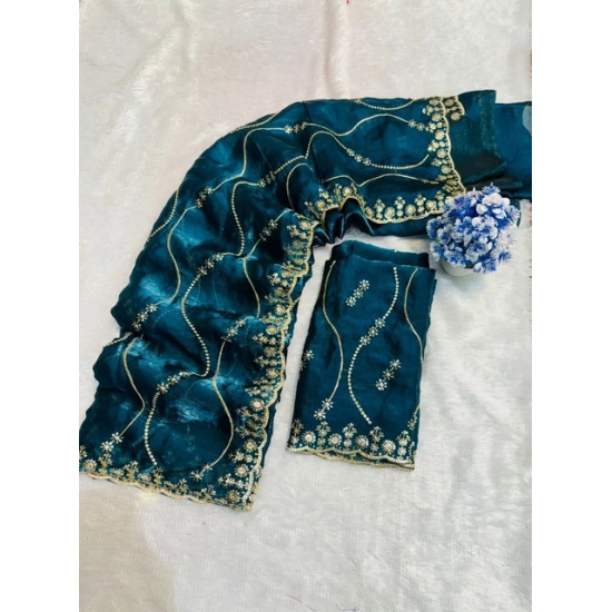 Generic Women's Slik Embellished Saree With Unstitched Blouse 5.5Mtr (Teal)