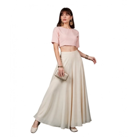 Generic Women's Georgette Solid Mid-Rise Wide Leg Flared Palazzo Pants with Elastic Waist (Cream) Generic Women's Georgette Solid Mid-Rise Wide Leg Flared Palazzo Pants with Elastic Waist (Cream)