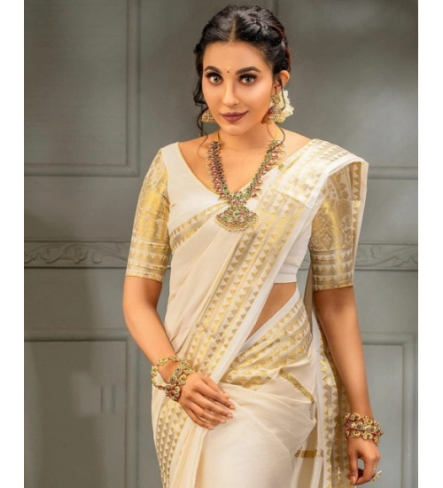 Generic Women's Soft Litchi Silk Jacquard Work Saree With Unstitched Blouse 5.5Mtr (White)